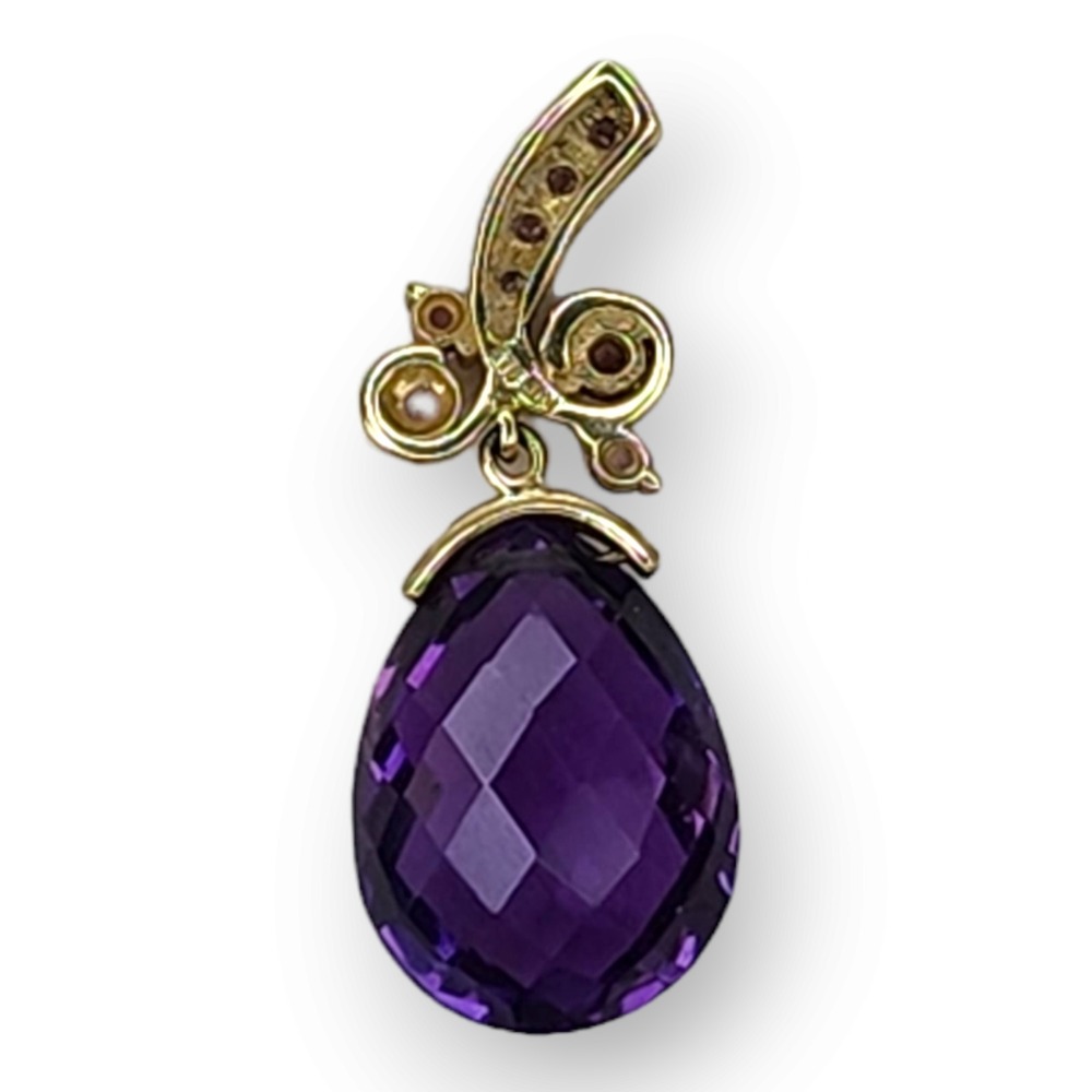 Pendant 10KT Yellow Gold Amethyst Pink Tourmaline Vintage Large Faceted Purple‎ - Picture 2 of 11